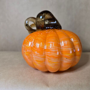 Hand Blown Art Glass Pumpkin Orange Swirl Decorative Fall Harvest Decor